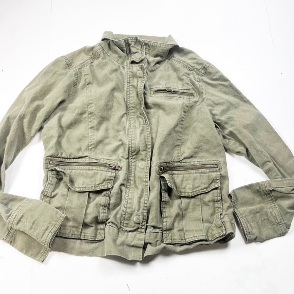 Gap Cargo Jacket Womens Medium Green Linen Cotton Fall Zip Button Front